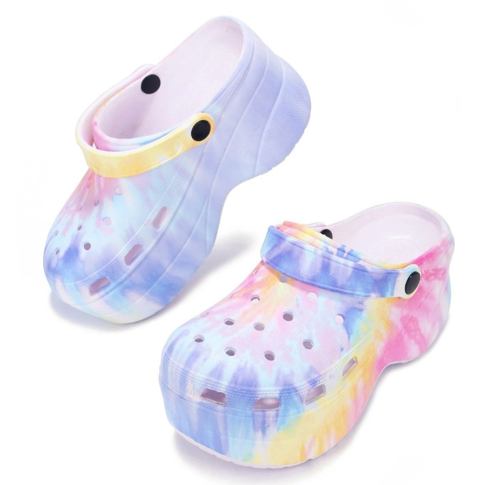 NEW🔥 Pastel Tie Dye Classic Platform Clogs Sandals Wedge Heel Slingback Slip-On - Picture 4 of 7
